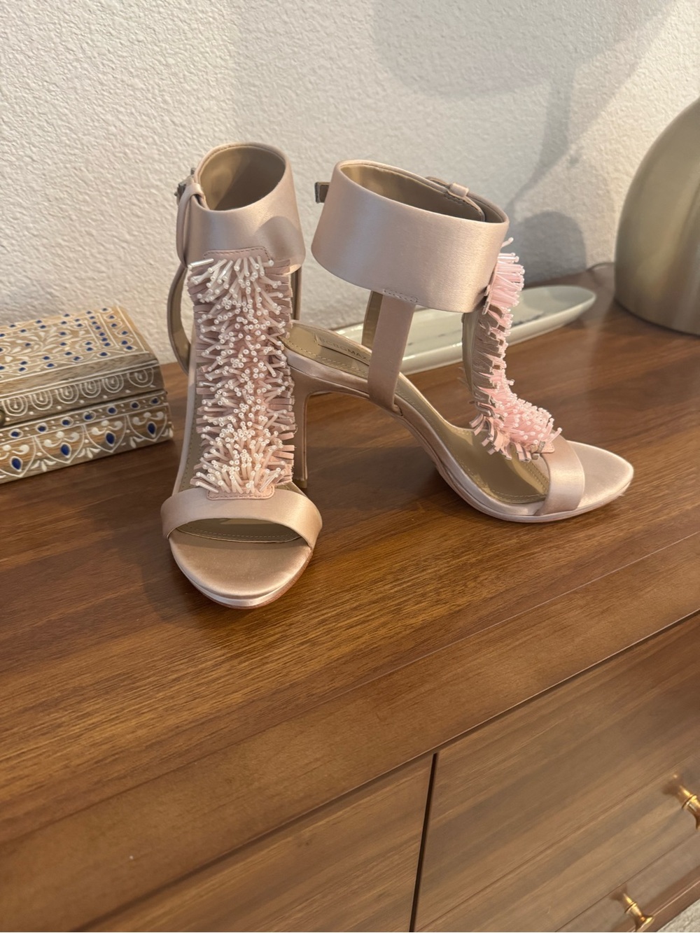 BCBGMaxAzria Blush Pink Beaded T-Strap Heeled Sandals